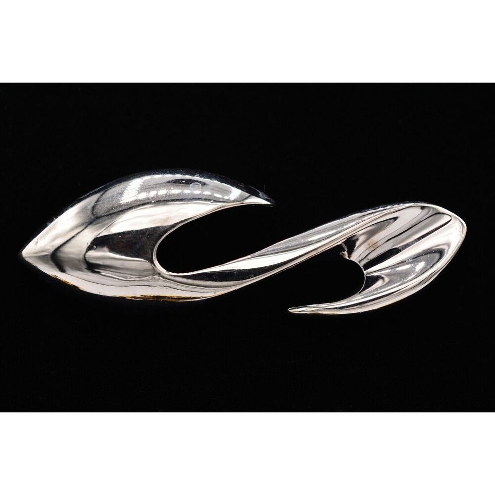 MJ Ent Vintage Pin Brooch Heavy Silver Tone Chunky S Swirl Signed 1980s BinAL